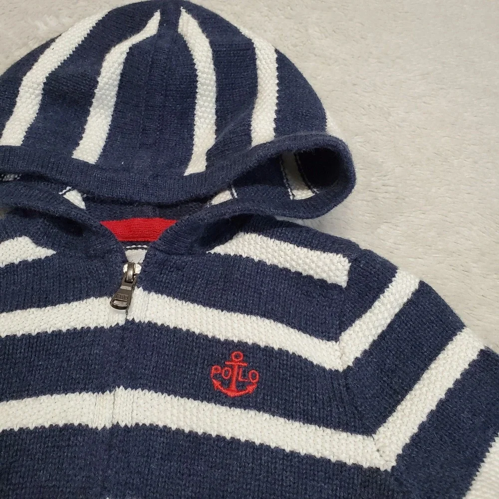 Ralph Lauren Blue White Striped Knit Hooded‎ Sweater Cardigan Baby Boy 12 months